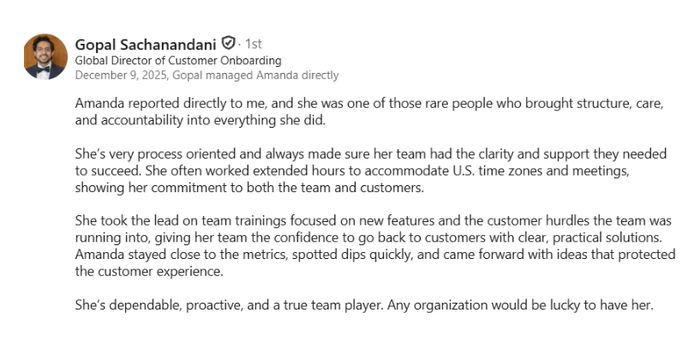 LinkedIn recommendation from Gopal Sachanandani, Global Director of Customer Onboarding